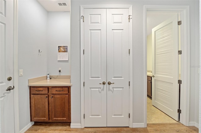 bathroom with wood-type flooring and vanity