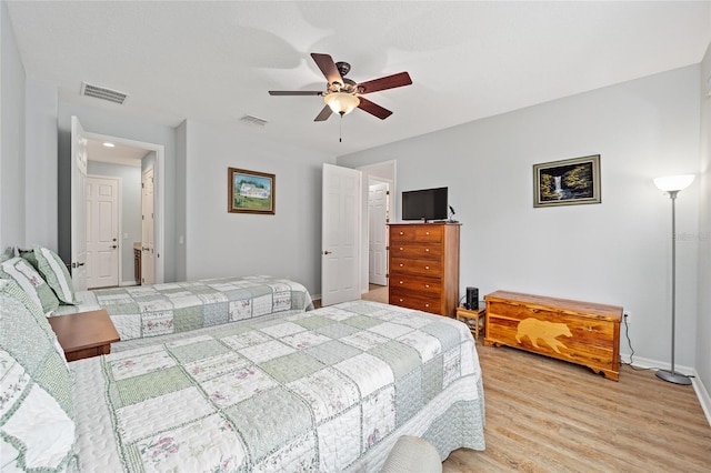 bedroom featuring ceiling fan and light wood-type flooring