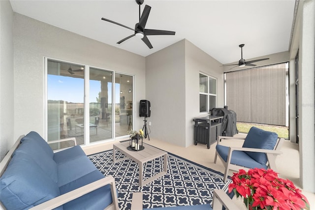 view of patio featuring ceiling fan, an outdoor hangout area, and area for grilling