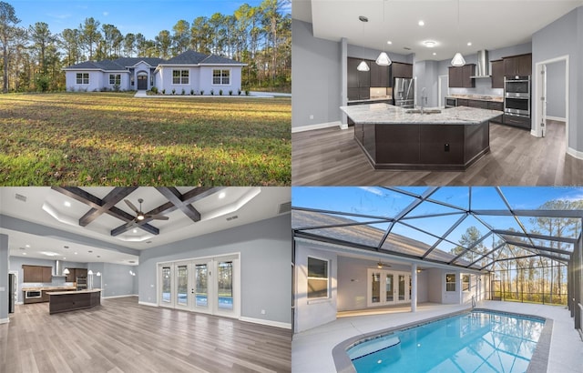 back of house with a swimming pool side deck, area for grilling, a lanai, and ceiling fan