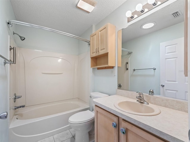 bathroom with visible vents, toilet, shower / tub combination, tile patterned flooring, and a textured ceiling