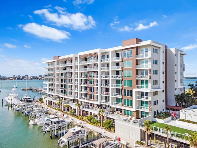 view of building exterior featuring a water view