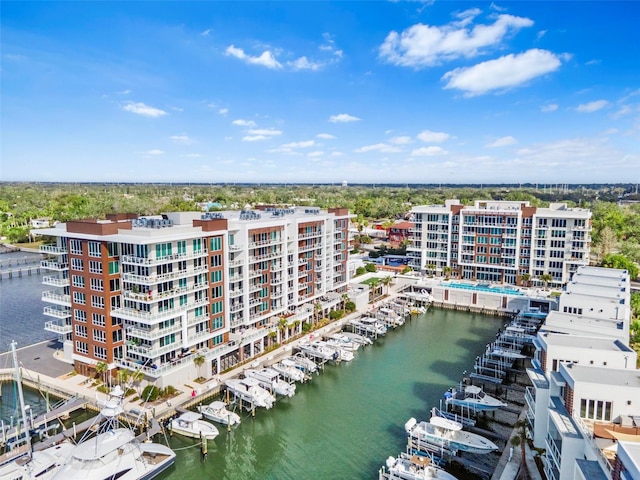 birds eye view of property featuring a water view