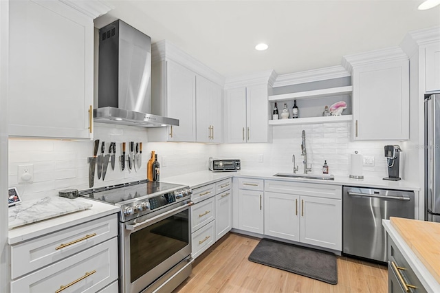 kitchen featuring white cabinets, wall chimney exhaust hood, decorative backsplash, and stainless steel appliances