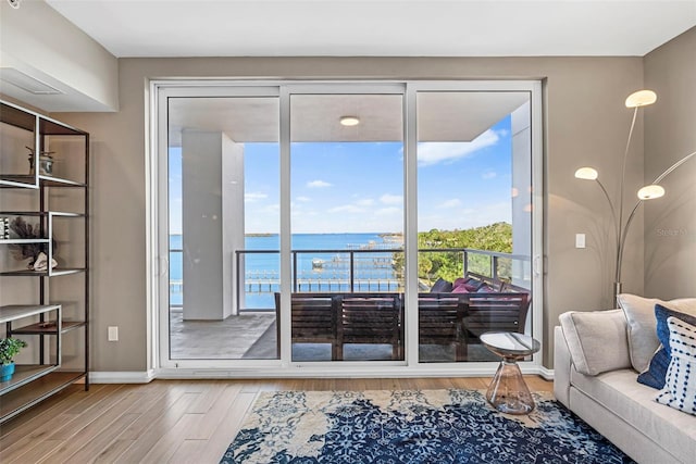 entryway with hardwood / wood-style floors and a water view