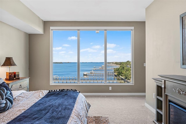 carpeted bedroom featuring a water view