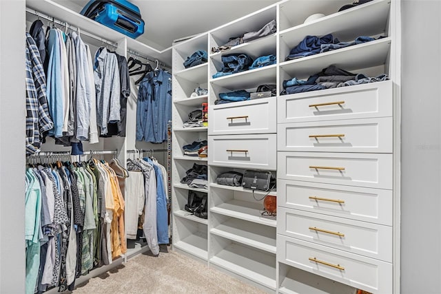 walk in closet featuring light colored carpet