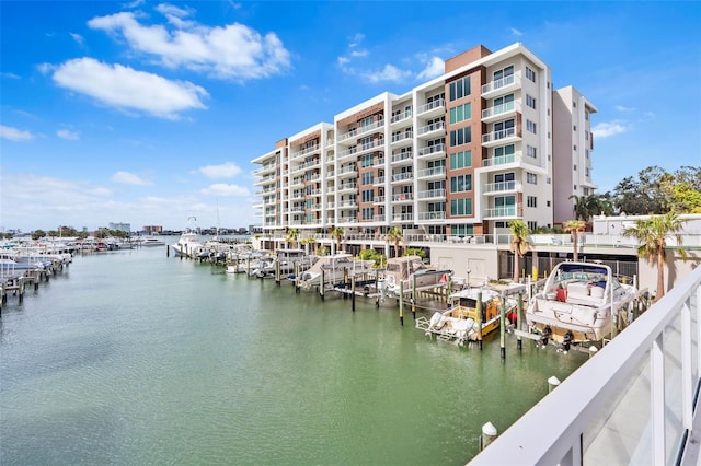 property view of water with a dock