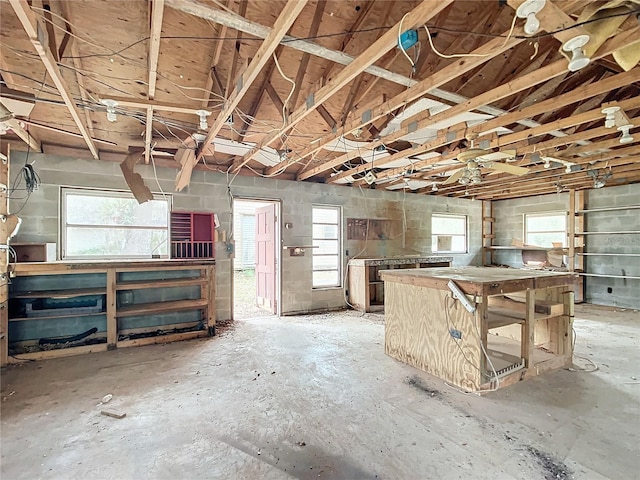 interior space featuring a workshop area, concrete floors, and a wealth of natural light