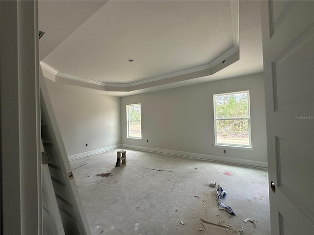 unfurnished room with crown molding, a raised ceiling, and plenty of natural light