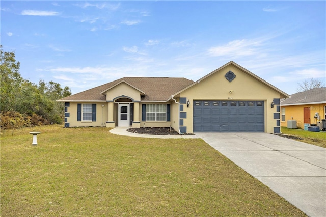 ranch-style home with central AC unit, a garage, and a front lawn