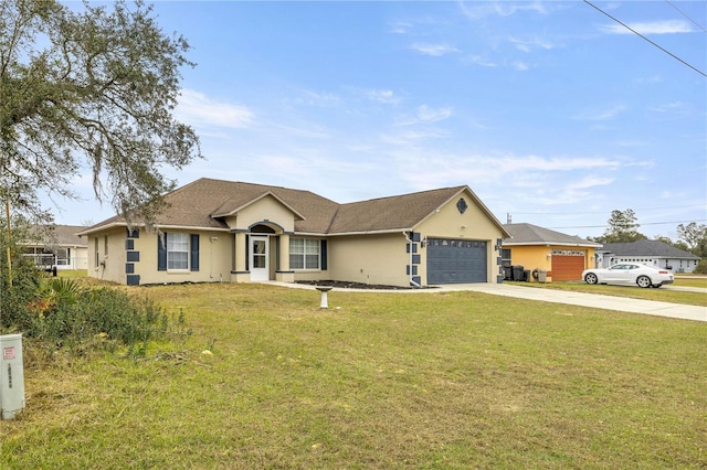 ranch-style home featuring a front yard and a garage