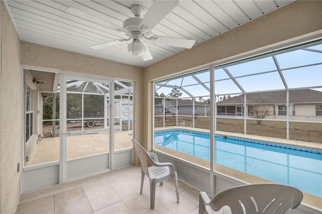 view of pool featuring ceiling fan