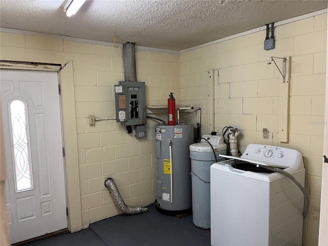 laundry room with electric panel, washer / dryer, electric water heater, and a textured ceiling