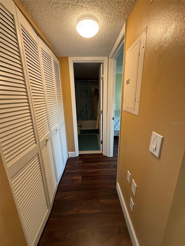 corridor featuring dark wood-type flooring, electric panel, and a textured ceiling