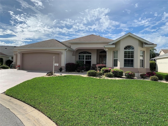 ranch-style house featuring a front yard and a garage