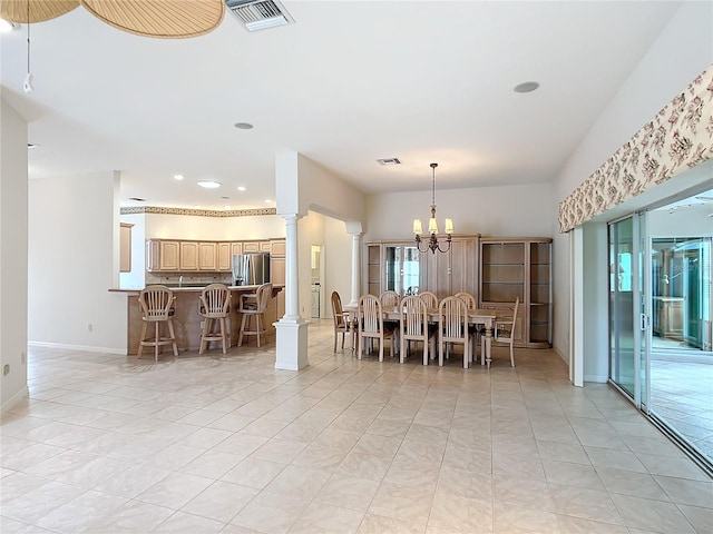 unfurnished dining area with light tile patterned floors and a notable chandelier