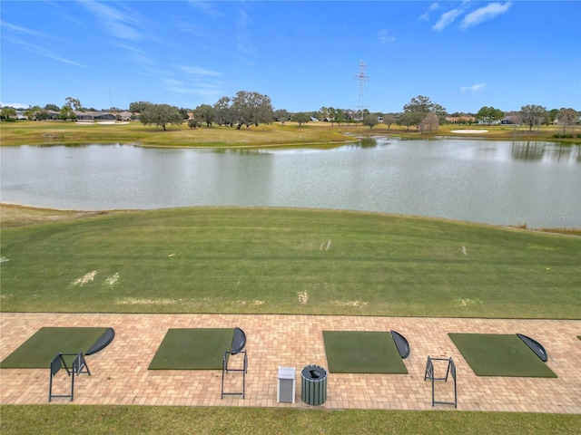 view of community featuring a yard and a water view