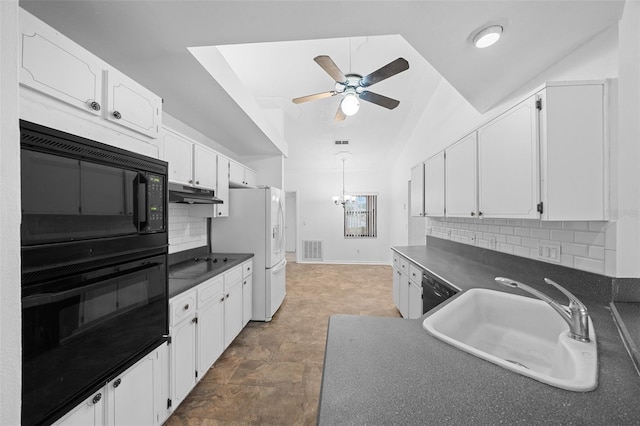 kitchen featuring backsplash, sink, white cabinets, and black appliances