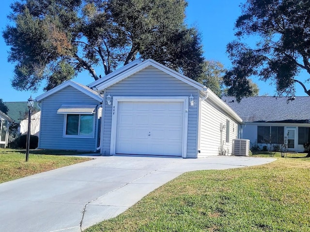 ranch-style house featuring central AC unit and a front lawn