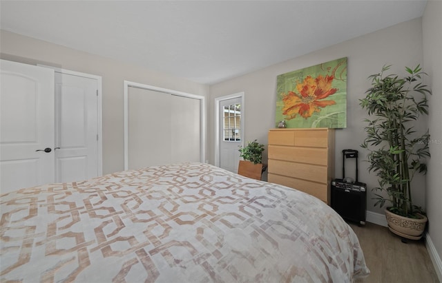 bedroom with light wood-type flooring and two closets