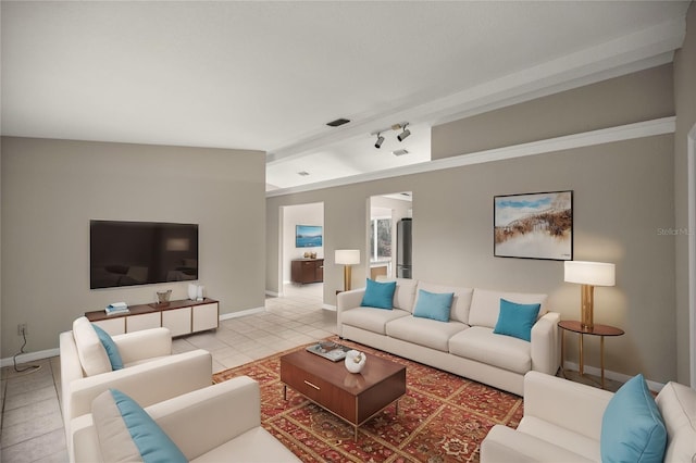 living room featuring light tile patterned flooring