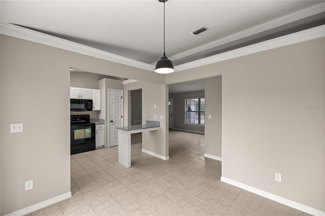 kitchen featuring a kitchen breakfast bar, black appliances, hanging light fixtures, light tile patterned floors, and white cabinetry