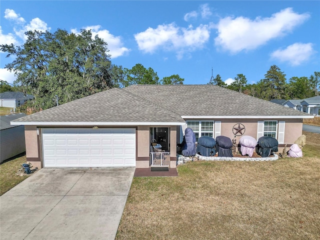 ranch-style house with a front lawn and a garage