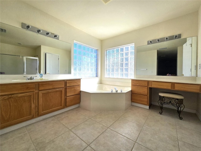 bathroom featuring separate shower and tub, tile patterned floors, and vanity