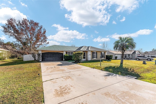 ranch-style home with a front yard and a garage