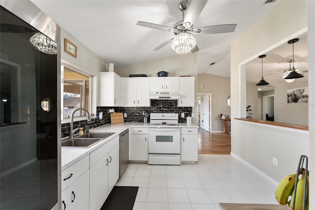 kitchen featuring white electric stove, white cabinetry, dishwasher, sink, and decorative backsplash