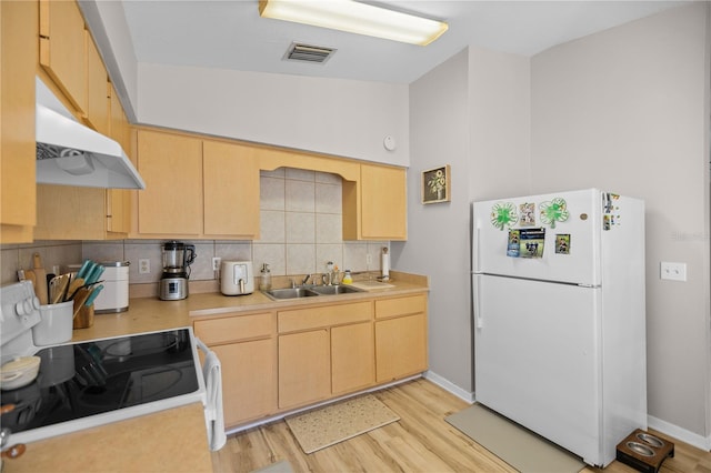 kitchen with electric range, light brown cabinetry, and white fridge