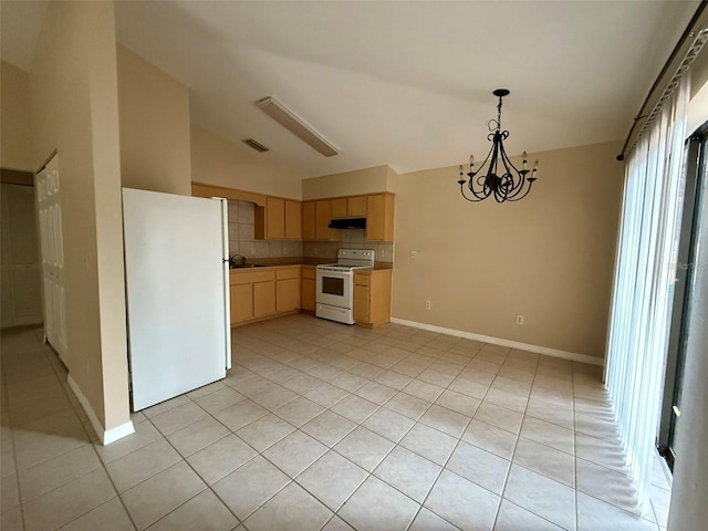 kitchen with white appliances, light tile patterned floors, light brown cabinets, sink, and an inviting chandelier