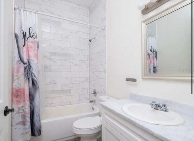 full bathroom with toilet, vanity, and shower / bath combination with curtain