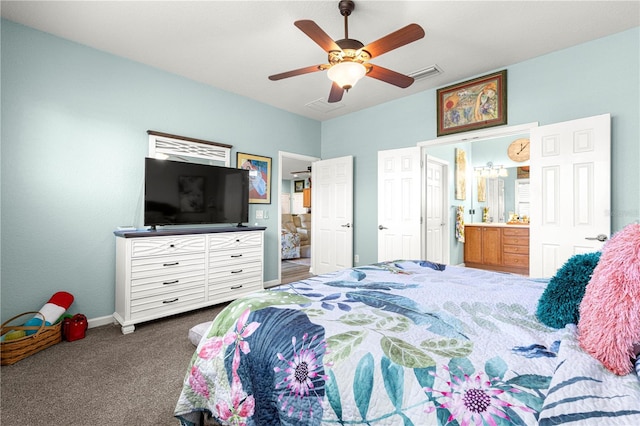 carpeted bedroom with ceiling fan and connected bathroom