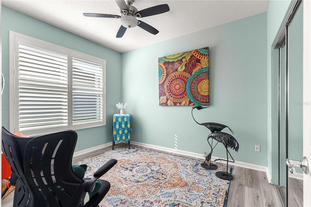 home office with ceiling fan and light hardwood / wood-style floors