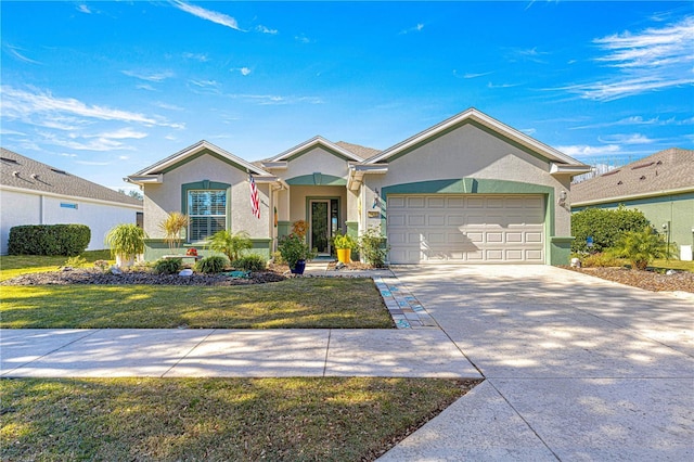 ranch-style home with a front lawn and a garage