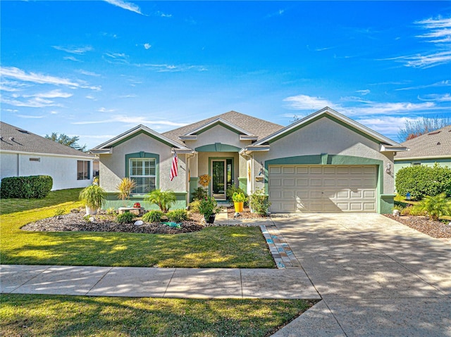 ranch-style home featuring a front lawn and a garage