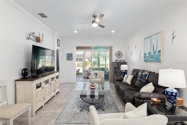 living room with ornamental molding and ceiling fan