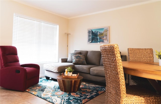 living room featuring light tile patterned floors and crown molding