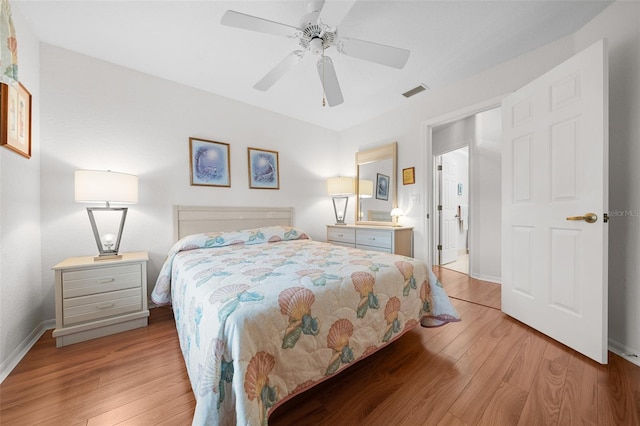 bedroom featuring ceiling fan and light wood-type flooring