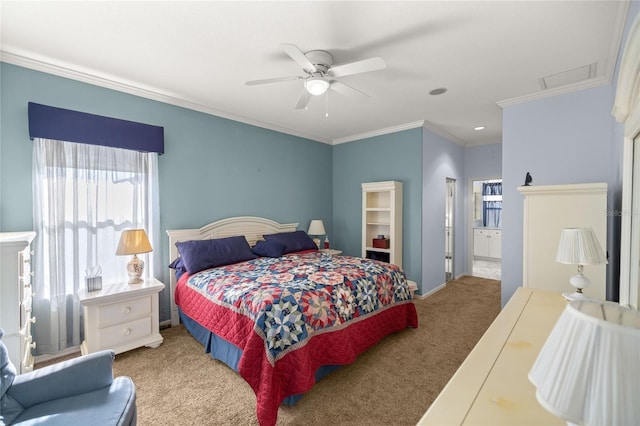 bedroom featuring ornamental molding, ensuite bath, ceiling fan, and carpet flooring