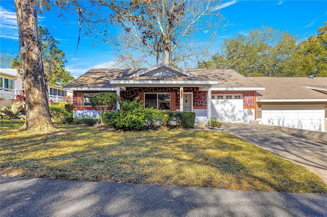 single story home with a front yard and a garage