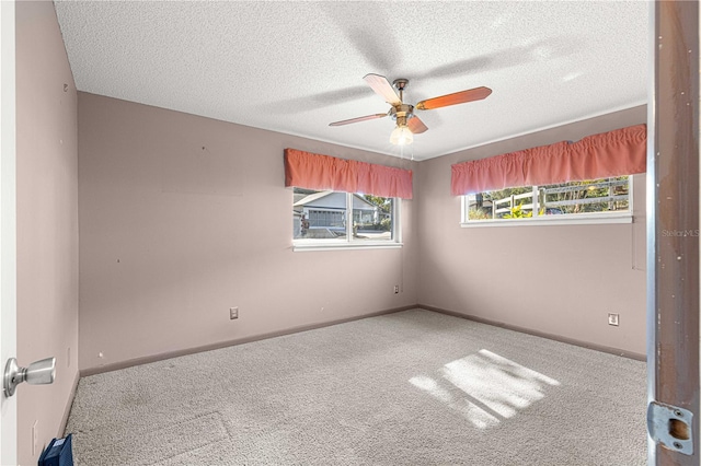 spare room featuring carpet, ceiling fan, and a textured ceiling