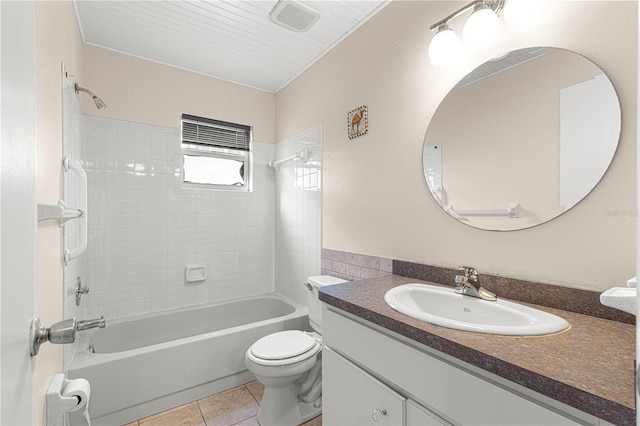 full bathroom with toilet, shower / bath combination, tile patterned floors, and vanity