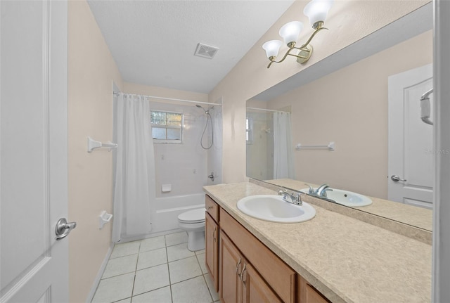 full bathroom with toilet, a textured ceiling, tile patterned flooring, shower / bath combo with shower curtain, and vanity