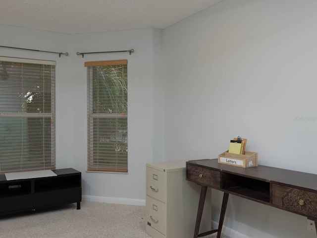 carpeted home office with a textured ceiling