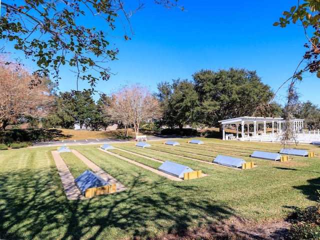 view of community featuring a pergola and a yard