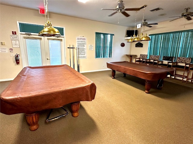 playroom with carpet flooring, billiards, and ceiling fan