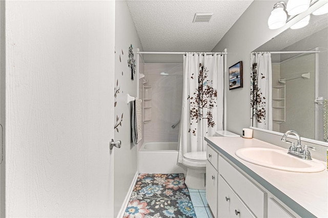 full bathroom featuring a textured ceiling, tile patterned floors, vanity, shower / bath combination with curtain, and toilet